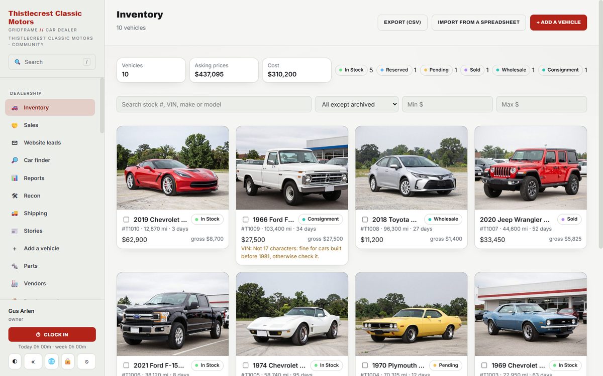 The GridFrame dealership office for a made-up demo dealership: an inventory page with car photos, prices and status labels