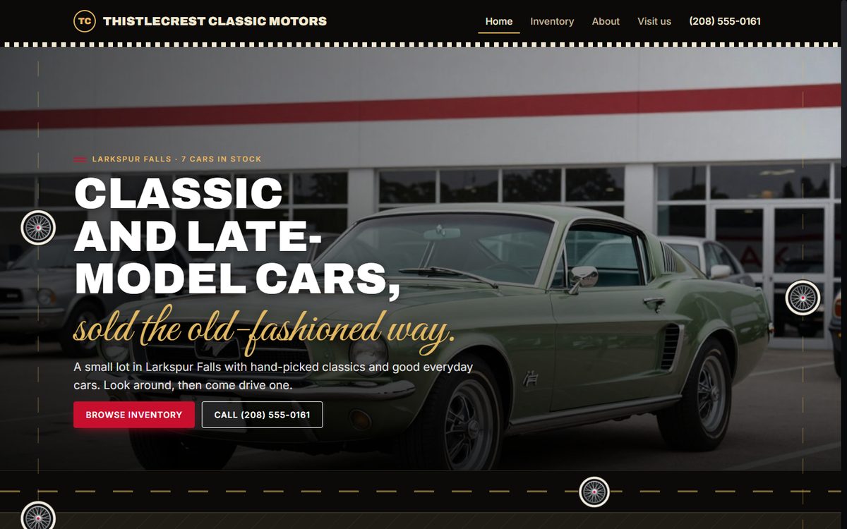 The website of a made-up demo dealership, in the Vintage garage look: a green 1967 Mustang behind a bold headline