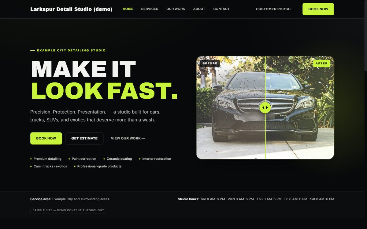 The website of a made-up demo detail shop: a before-and-after slider over a freshly polished car